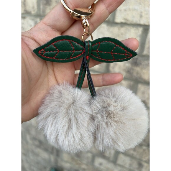 New Cherry Fuzzy Keychain Bag Charm Pulse Jewelry Beige - Picture 2 of 3
